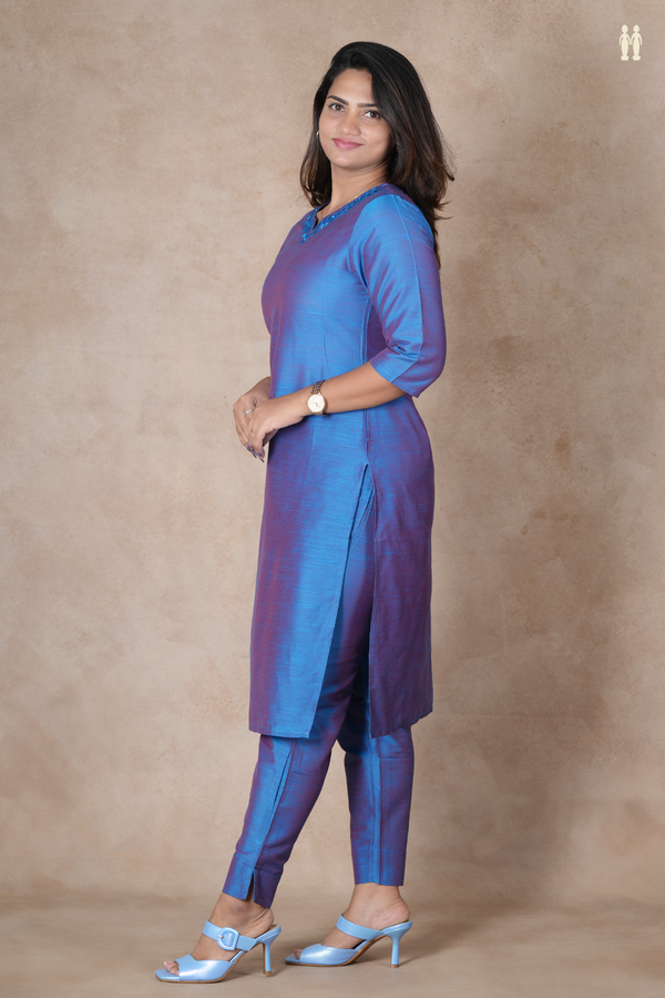 Split Neck Plain Dual Tone Raw Silk Salwar Set