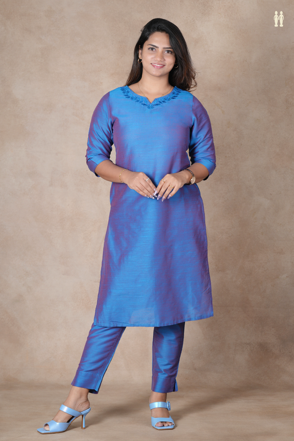 Split Neck Plain Dual Tone Raw Silk Salwar Set