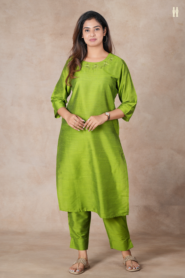 Round Neck Parrot Green Semi Raw Silk Salwar Set