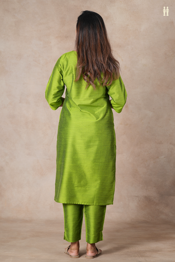 Round Neck Parrot Green Semi Raw Silk Salwar Set