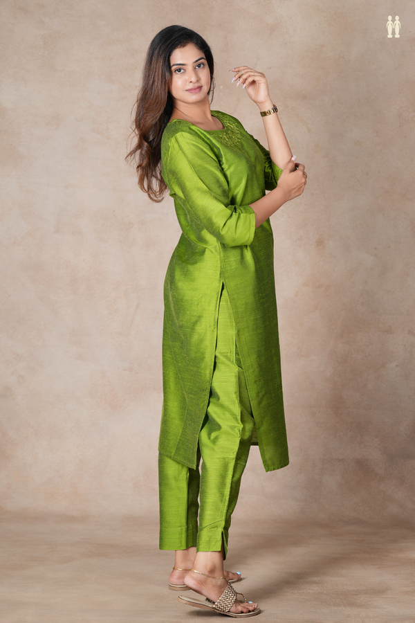 Round Neck Parrot Green Semi Raw Silk Salwar Set