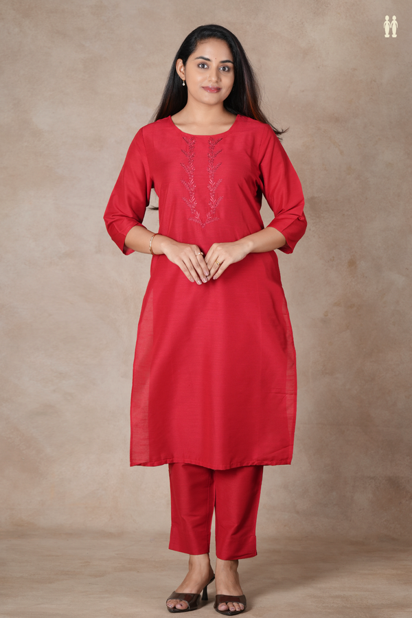 Round Neck Plain Crimson Red Raw Silk Salwar Set