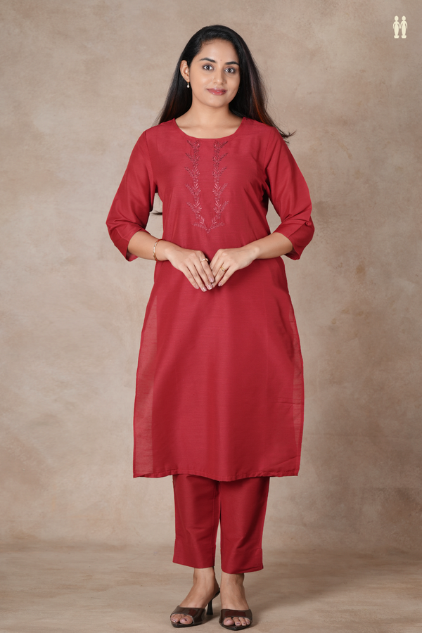 Round Neck Plain Crimson Red Raw Silk Salwar Set