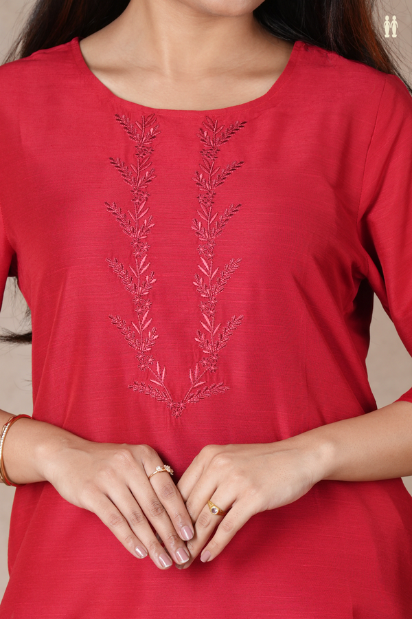 Round Neck Plain Crimson Red Raw Silk Salwar Set