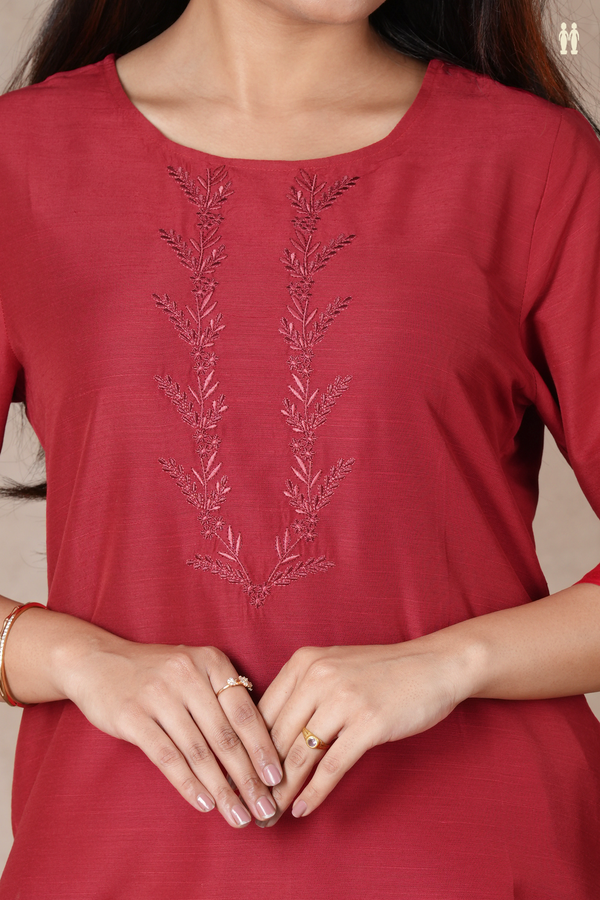 Round Neck Plain Crimson Red Raw Silk Salwar Set