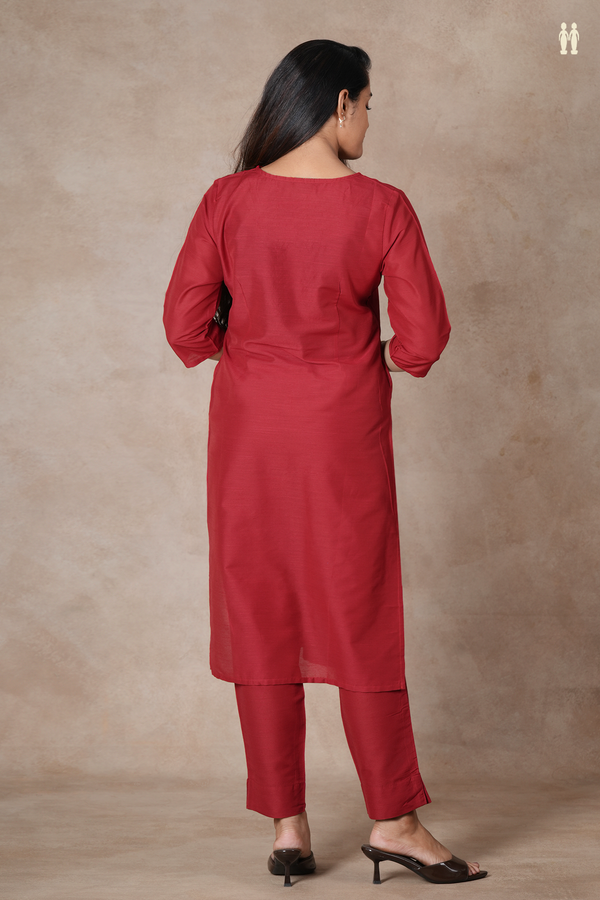 Round Neck Plain Crimson Red Raw Silk Salwar Set