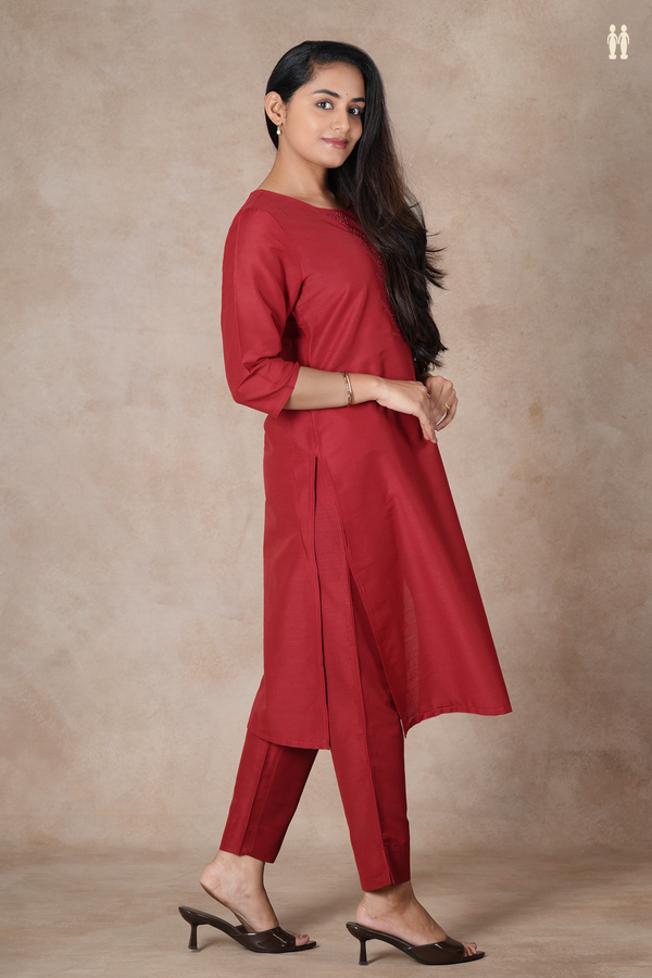 Round Neck Plain Crimson Red Raw Silk Salwar Set