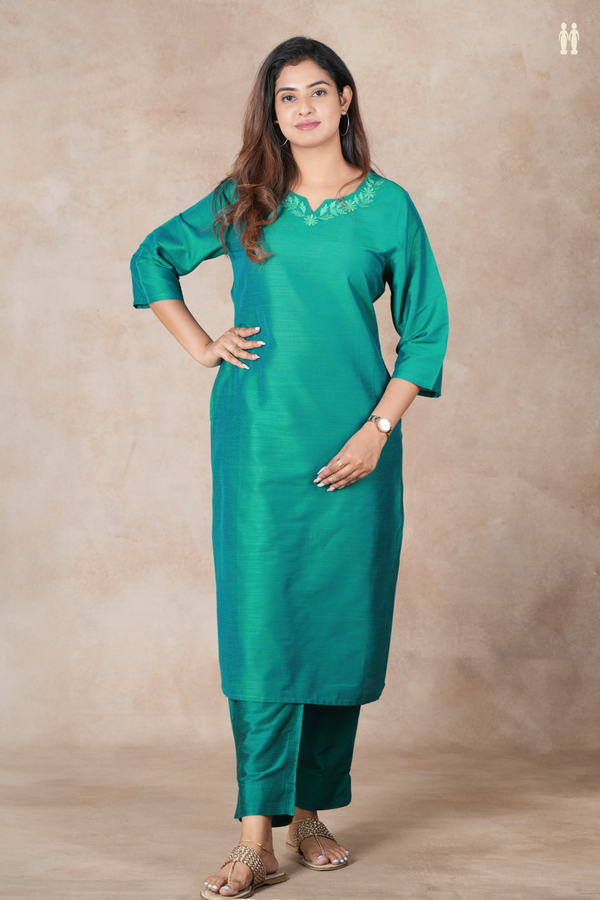 Split Neck Plain Green Semi Raw Silk Salwar Set