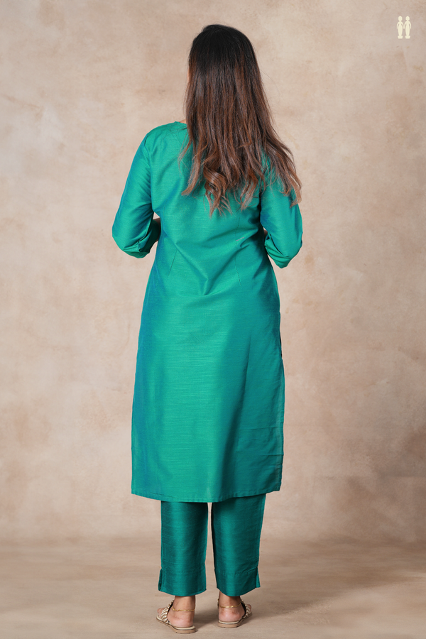 Split Neck Plain Green Semi Raw Silk Salwar Set