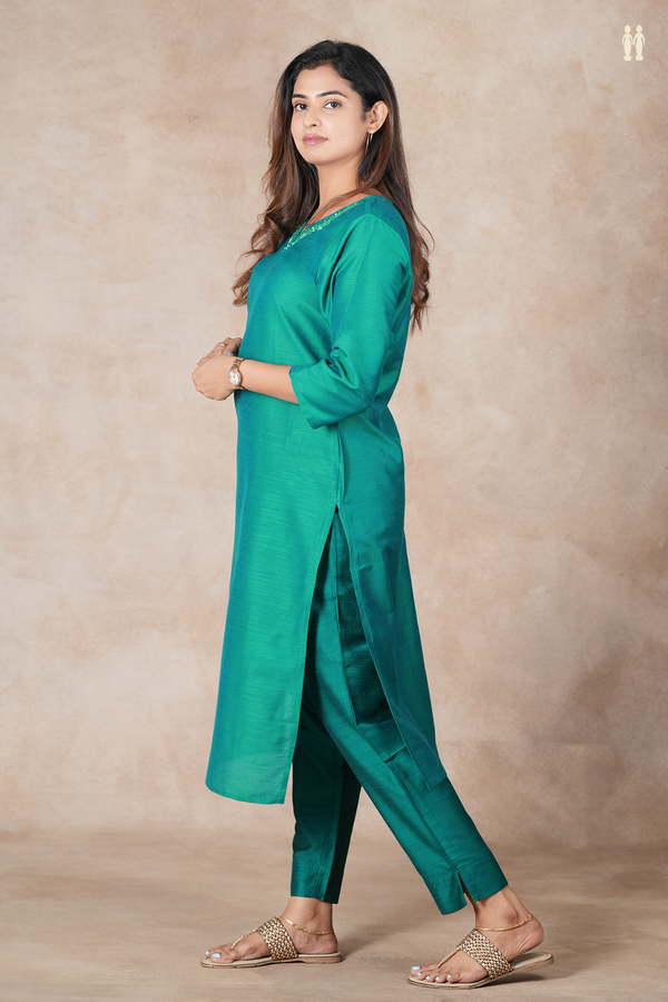 Split Neck Plain Green Semi Raw Silk Salwar Set