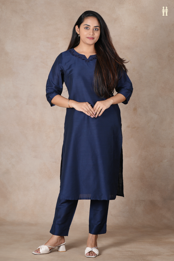 Round Neck Plain Prussian Blue Semi Raw Silk Salwar Set