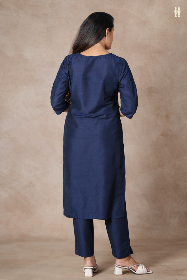 Round Neck Plain Prussian Blue Semi Raw Silk Salwar Set