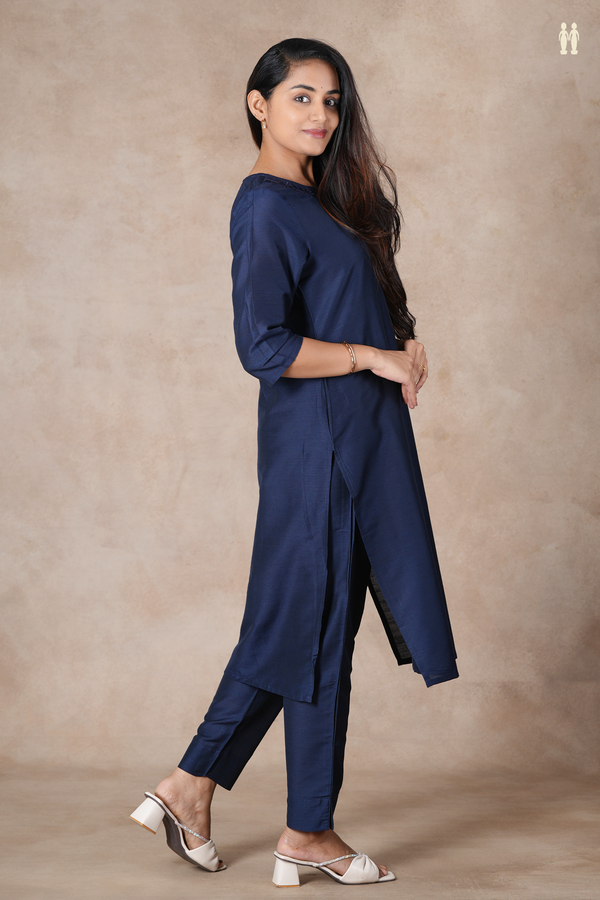 Round Neck Plain Prussian Blue Semi Raw Silk Salwar Set