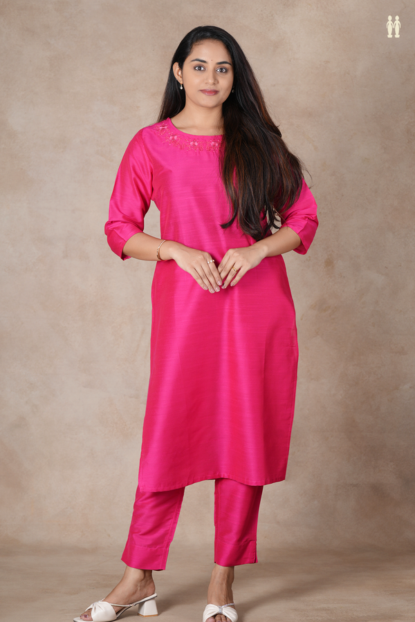 Round Neck Plain Rani Pink Semi Raw Silk Salwar Set