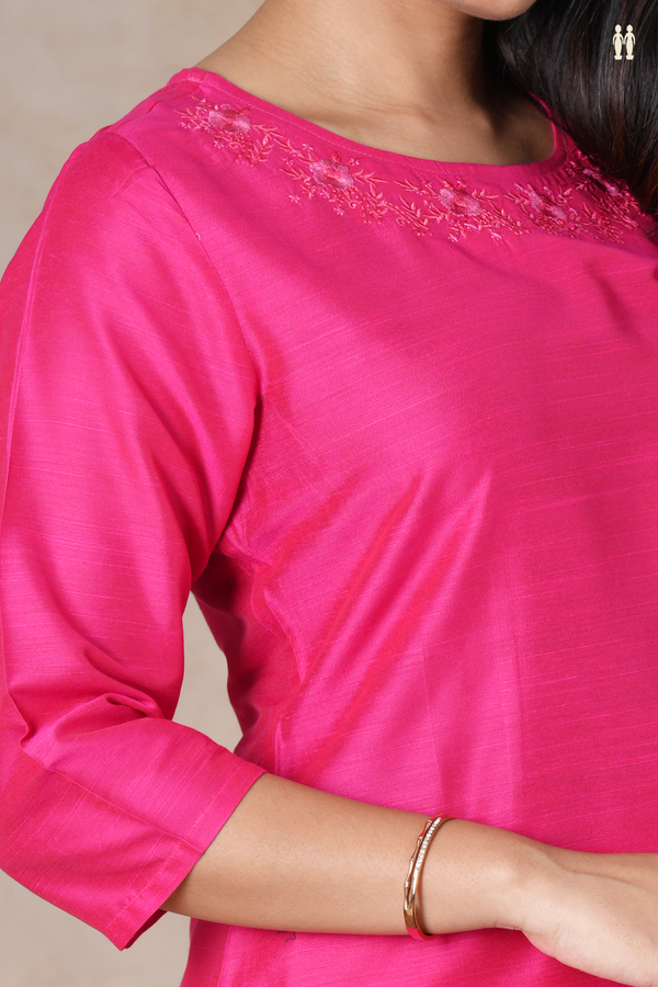 Round Neck Plain Rani Pink Semi Raw Silk Salwar Set