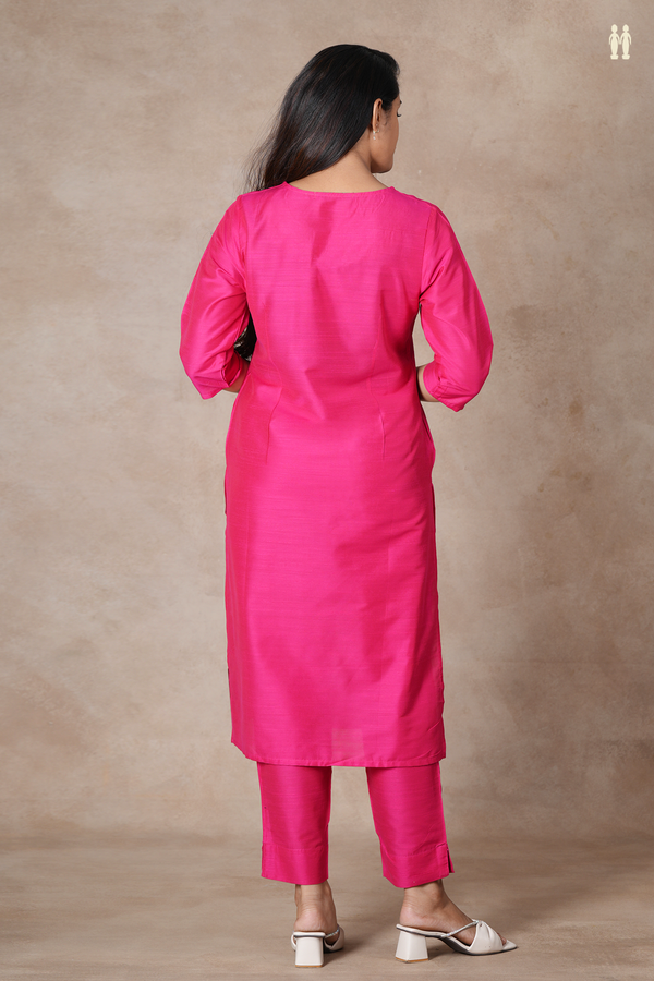 Round Neck Plain Rani Pink Semi Raw Silk Salwar Set