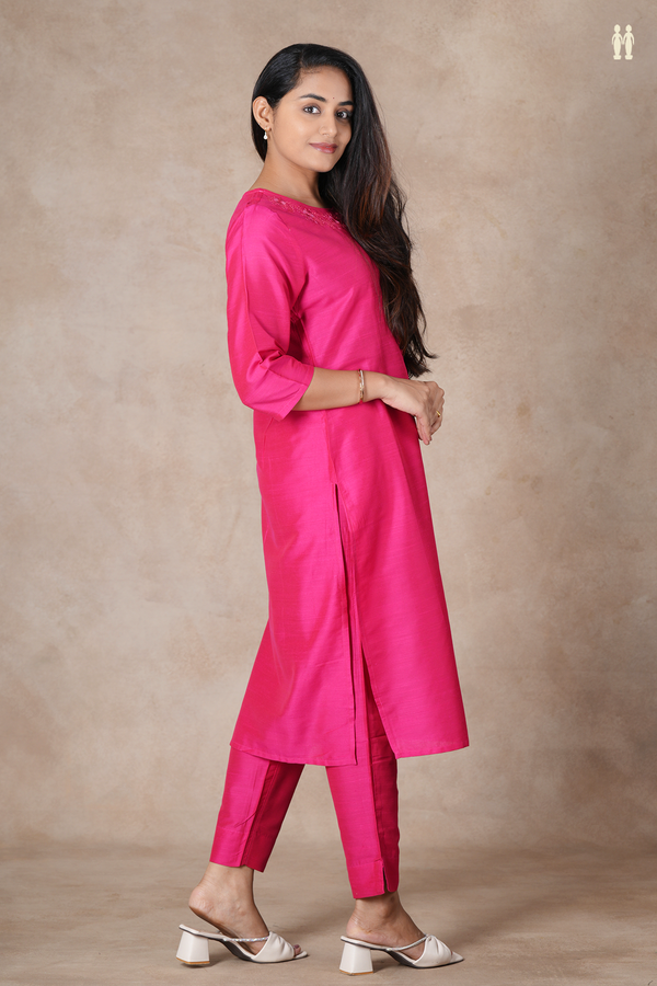 Round Neck Plain Rani Pink Semi Raw Silk Salwar Set