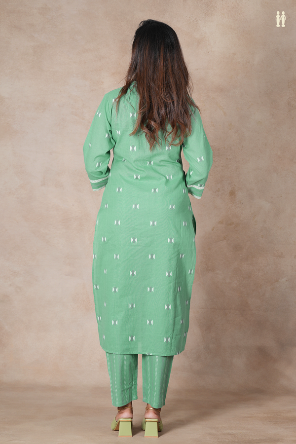 Mandarin Neck Threadwork Buttas Green Cotton Salwar Set