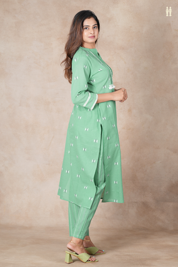 Mandarin Neck Threadwork Buttas Green Cotton Salwar Set