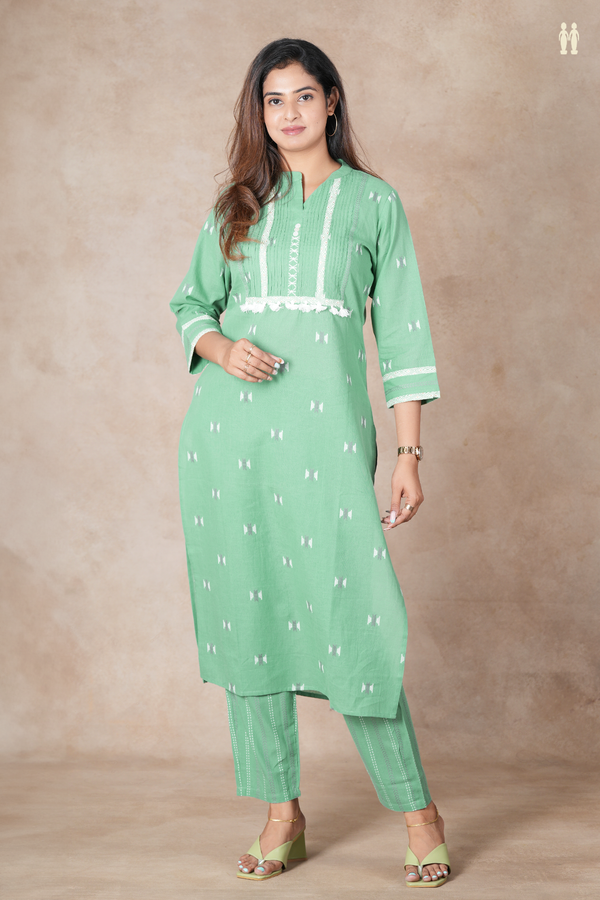 Mandarin Neck Threadwork Buttas Green Cotton Salwar Set