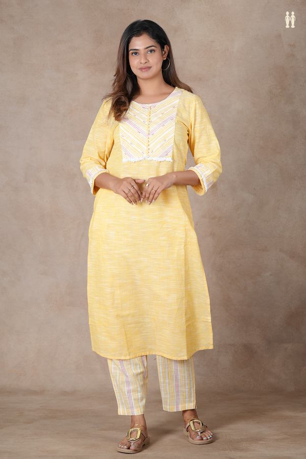 Round Neck Plain Light Yellow Cotton Salwar Set