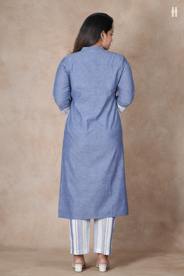 Mandarin Neck Plain Dusty Blue Cotton Salwar Set