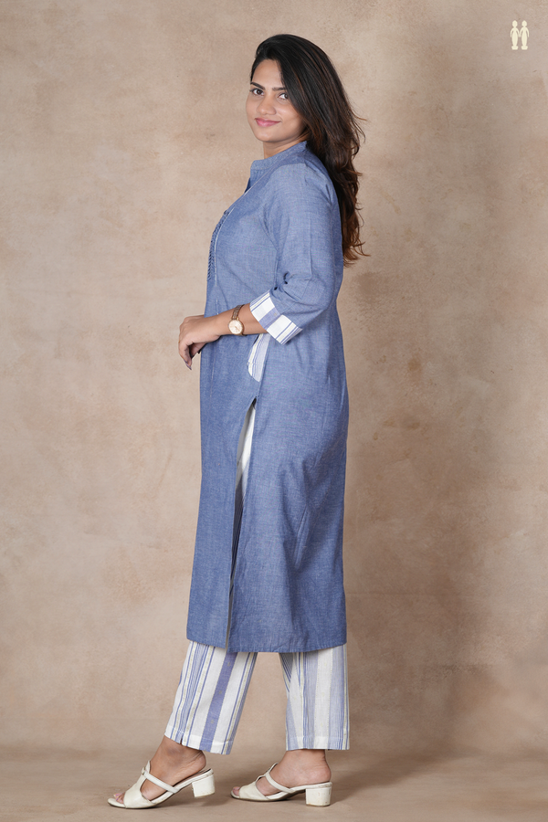 Mandarin Neck Plain Dusty Blue Cotton Salwar Set