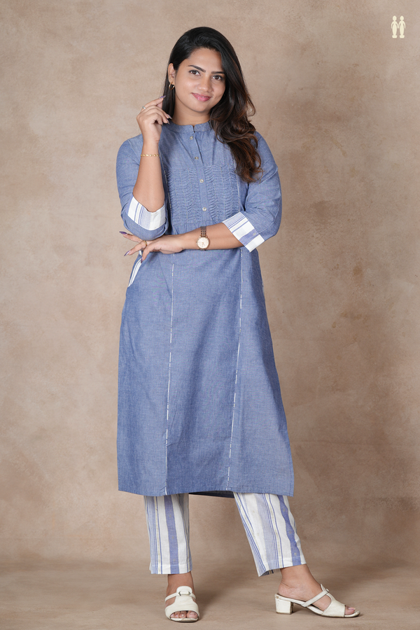 Mandarin Neck Plain Dusty Blue Cotton Salwar Set