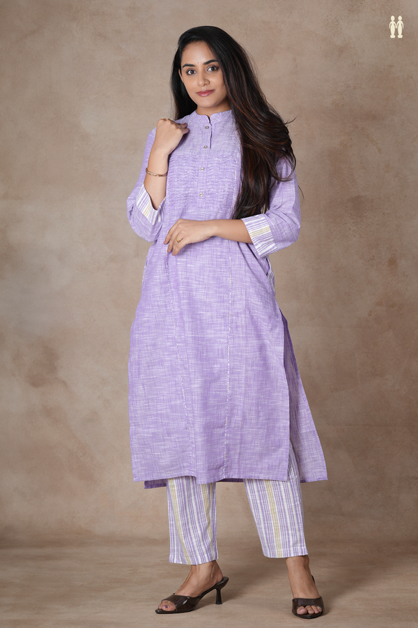 Mandarin Neck Plain Light Purple Cotton Salwar Set