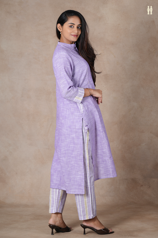 Mandarin Neck Plain Light Purple Cotton Salwar Set