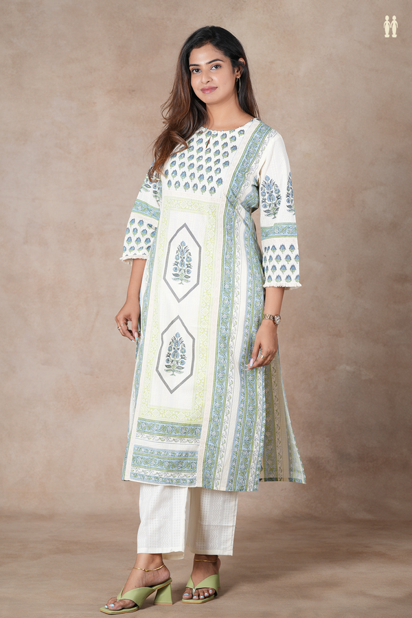 Round Neck Printed Design White Cotton Salwar Set