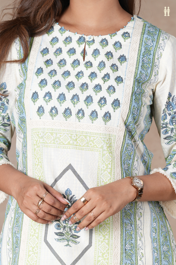 Round Neck Printed Design White Cotton Salwar Set