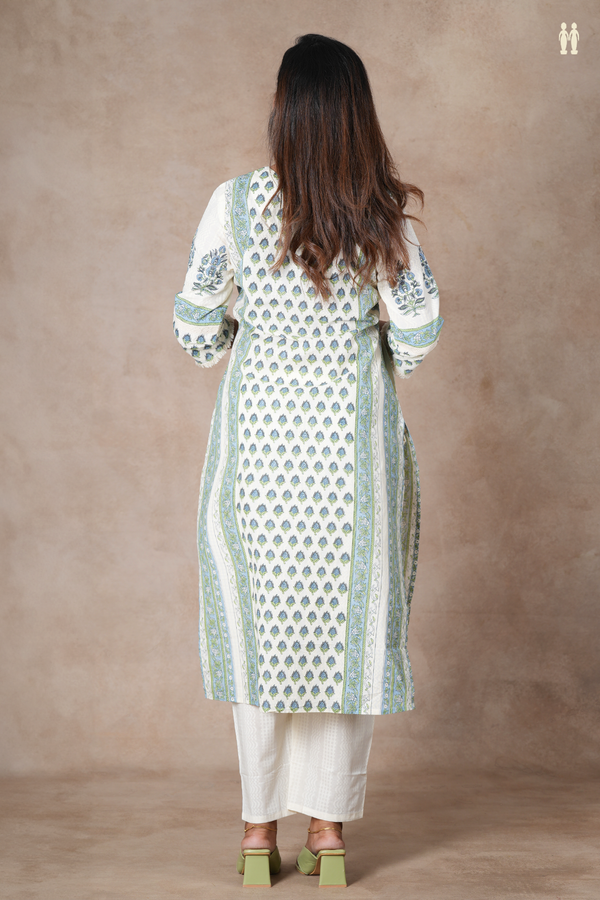Round Neck Printed Design White Cotton Salwar Set