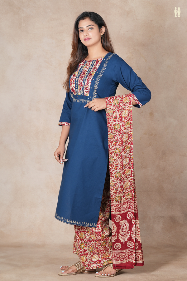 Round Neck Plain Oxford Blue Cotton Salwar Set