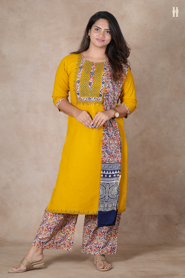 Round Neck Plain Mustard Yellow Cotton Salwar Set