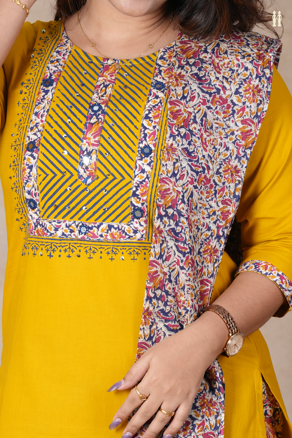Round Neck Plain Mustard Yellow Cotton Salwar Set