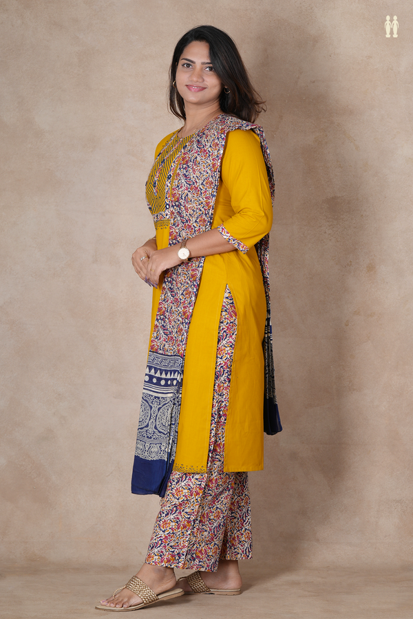 Round Neck Plain Mustard Yellow Cotton Salwar Set