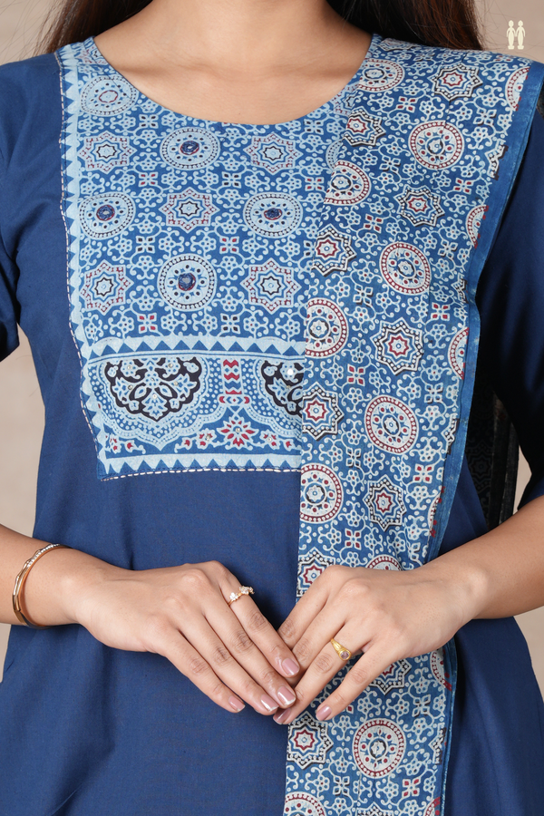 Round Neck Ajrakh Design Oxford Blue Cotton Salwar Set