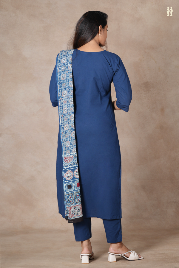 Round Neck Ajrakh Design Oxford Blue Cotton Salwar Set