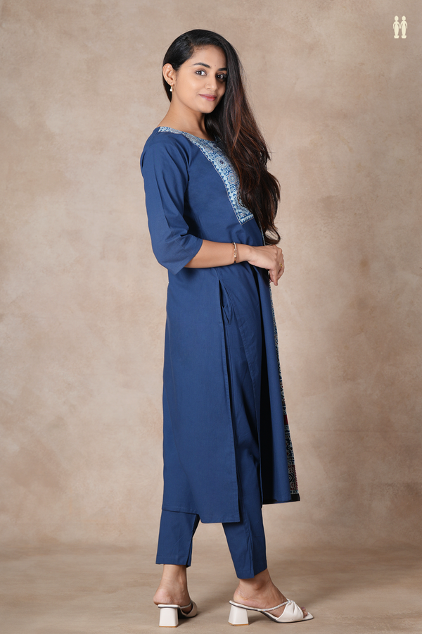 Round Neck Ajrakh Design Oxford Blue Cotton Salwar Set