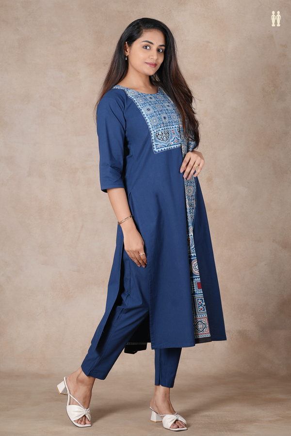 Round Neck Ajrakh Design Oxford Blue Cotton Salwar Set