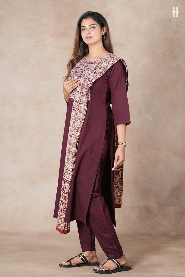 Round Neck Plain Chocolate Brown Cotton Salwar Set