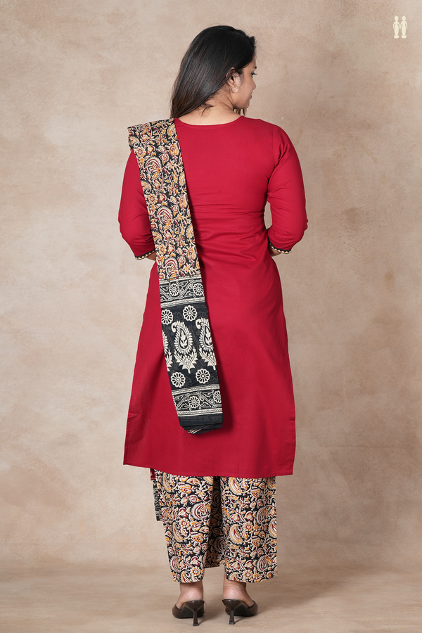 Round Neck Plain Red Cotton Salwar Set