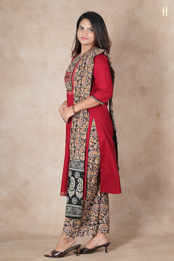 Round Neck Plain Red Cotton Salwar Set