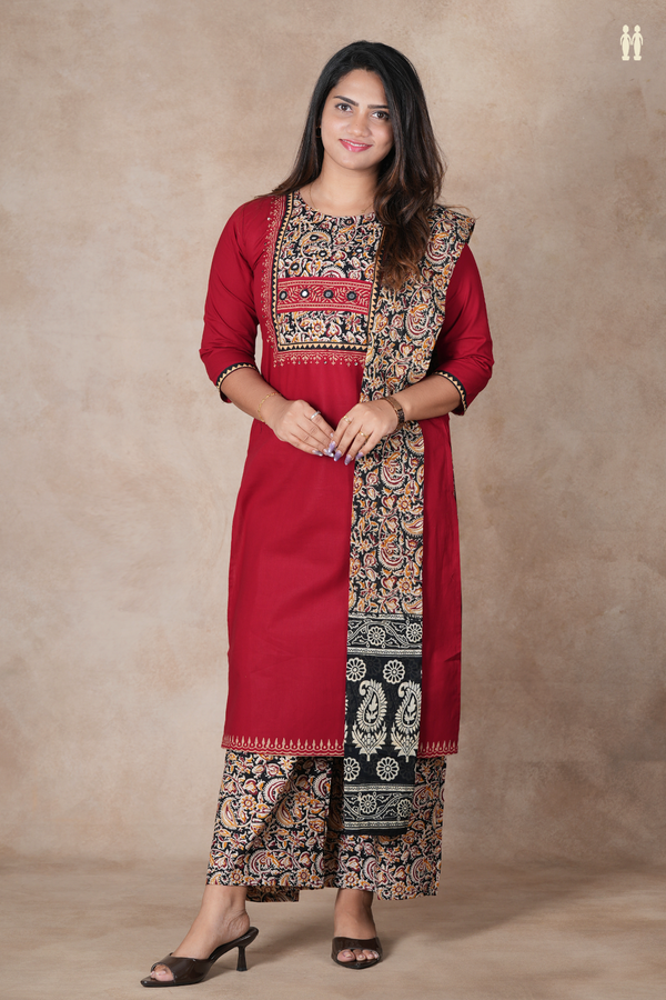 Round Neck Plain Red Cotton Salwar Set