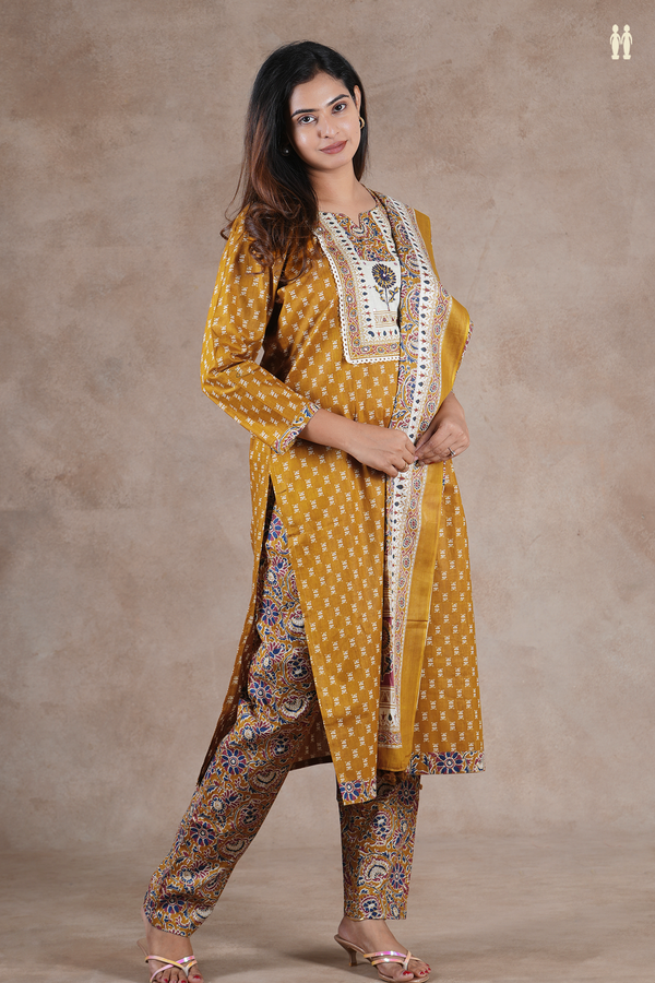 Split Neck Printed Design Golden Yellow Cotton Salwar Set