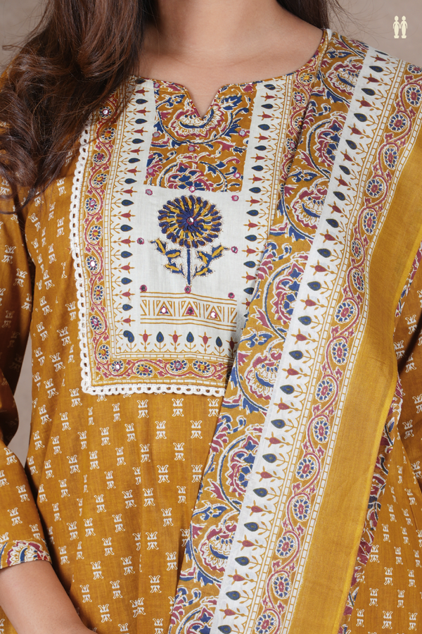 Split Neck Printed Design Golden Yellow Cotton Salwar Set