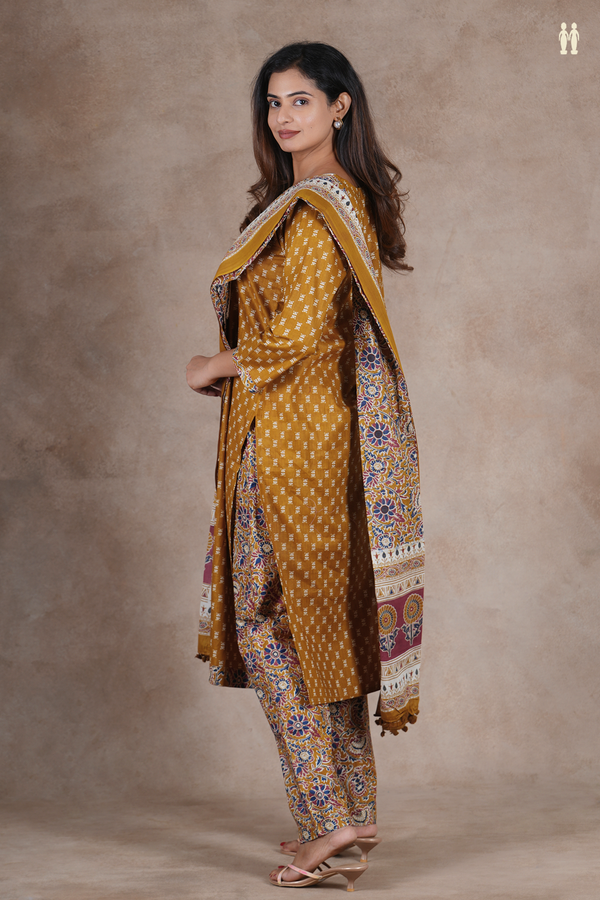 Split Neck Printed Design Golden Yellow Cotton Salwar Set