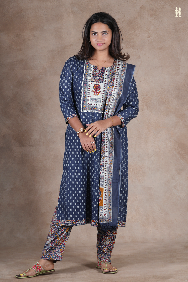 Split Neck Printed Design Blue Cotton Salwar Set