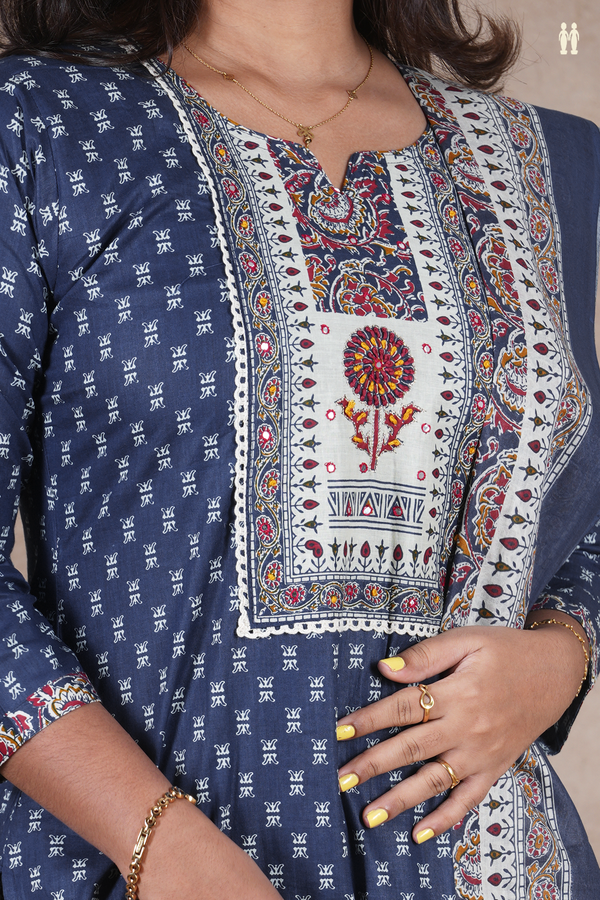 Split Neck Printed Design Blue Cotton Salwar Set